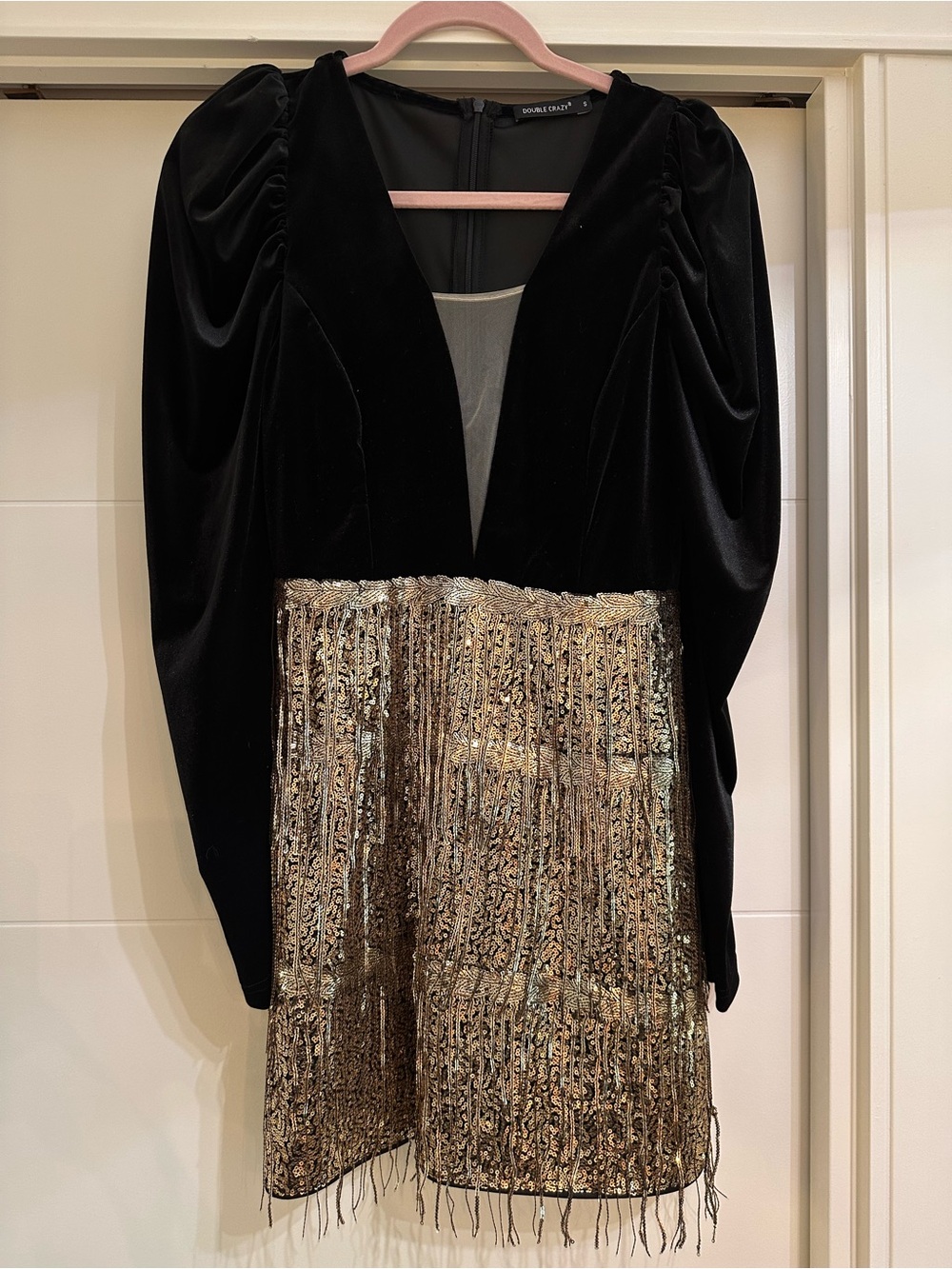 Black Velvet Mini Dress with Gold Sequin Fringe